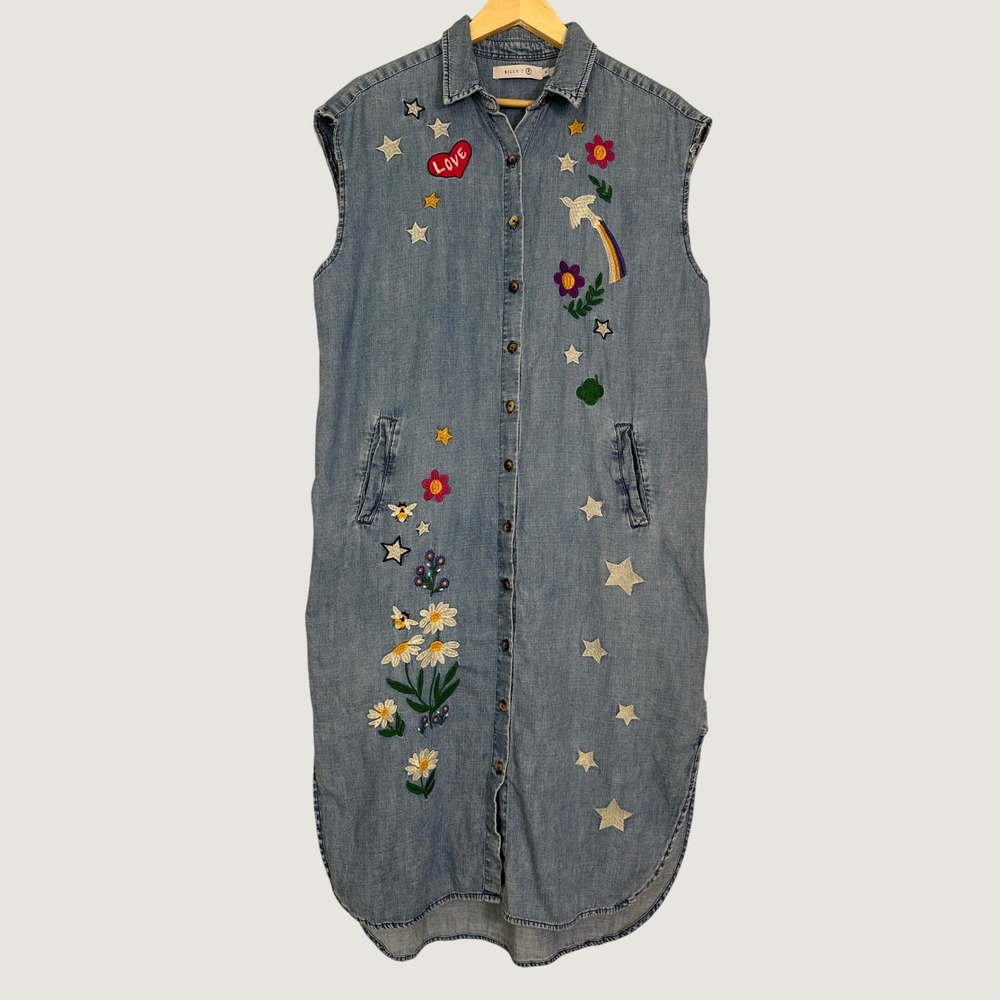 Billy T Embroidered Shirt Dress Medium Blue Sleeveless Stars Hearts Whimsical